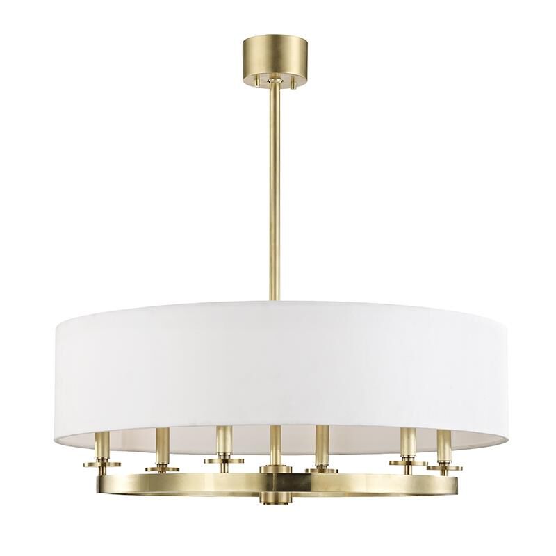 Shown in Aged Brass finish and Off White Linen shade